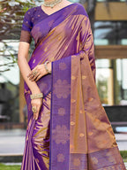 Graceful Violet Zari Woven Silk Blend Saree With Floral Motif Detailing & Elegant Tassels Pallu