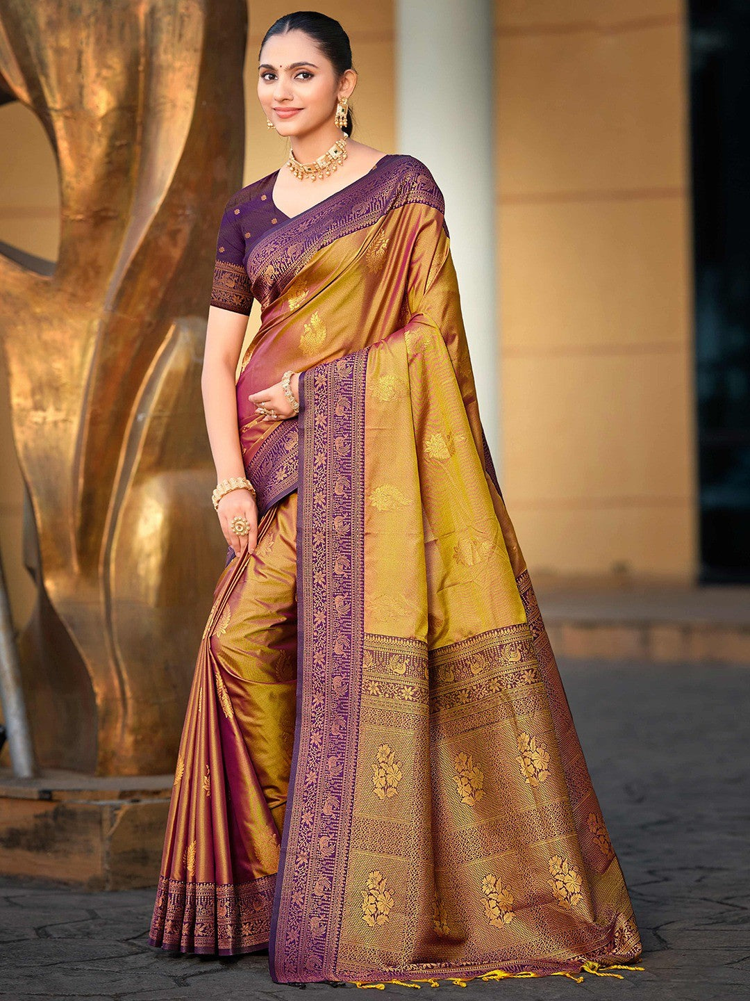Classic Golden Brown Peacock & Floral Motif Zari Woven Silk Blend Saree With Decorative Tassel Pallu