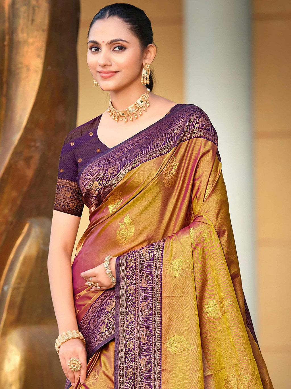 Classic Golden Brown Peacock & Floral Motif Zari Woven Silk Blend Saree With Decorative Tassel Pallu