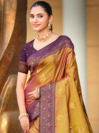 Classic Golden Brown Peacock & Floral Motif Zari Woven Silk Blend Saree With Decorative Tassel Pallu