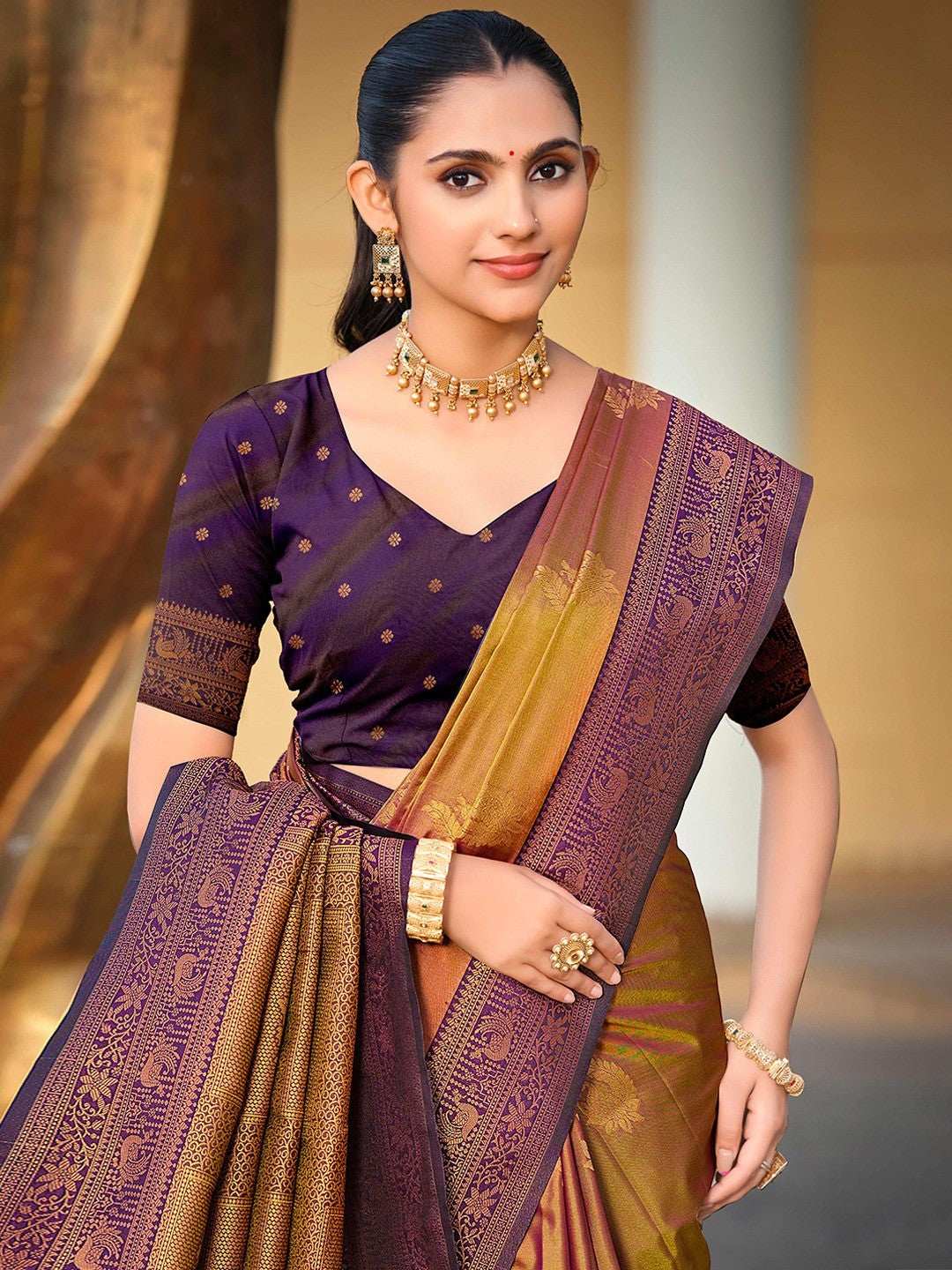 Classic Golden Brown Peacock & Floral Motif Zari Woven Silk Blend Saree With Decorative Tassel Pallu