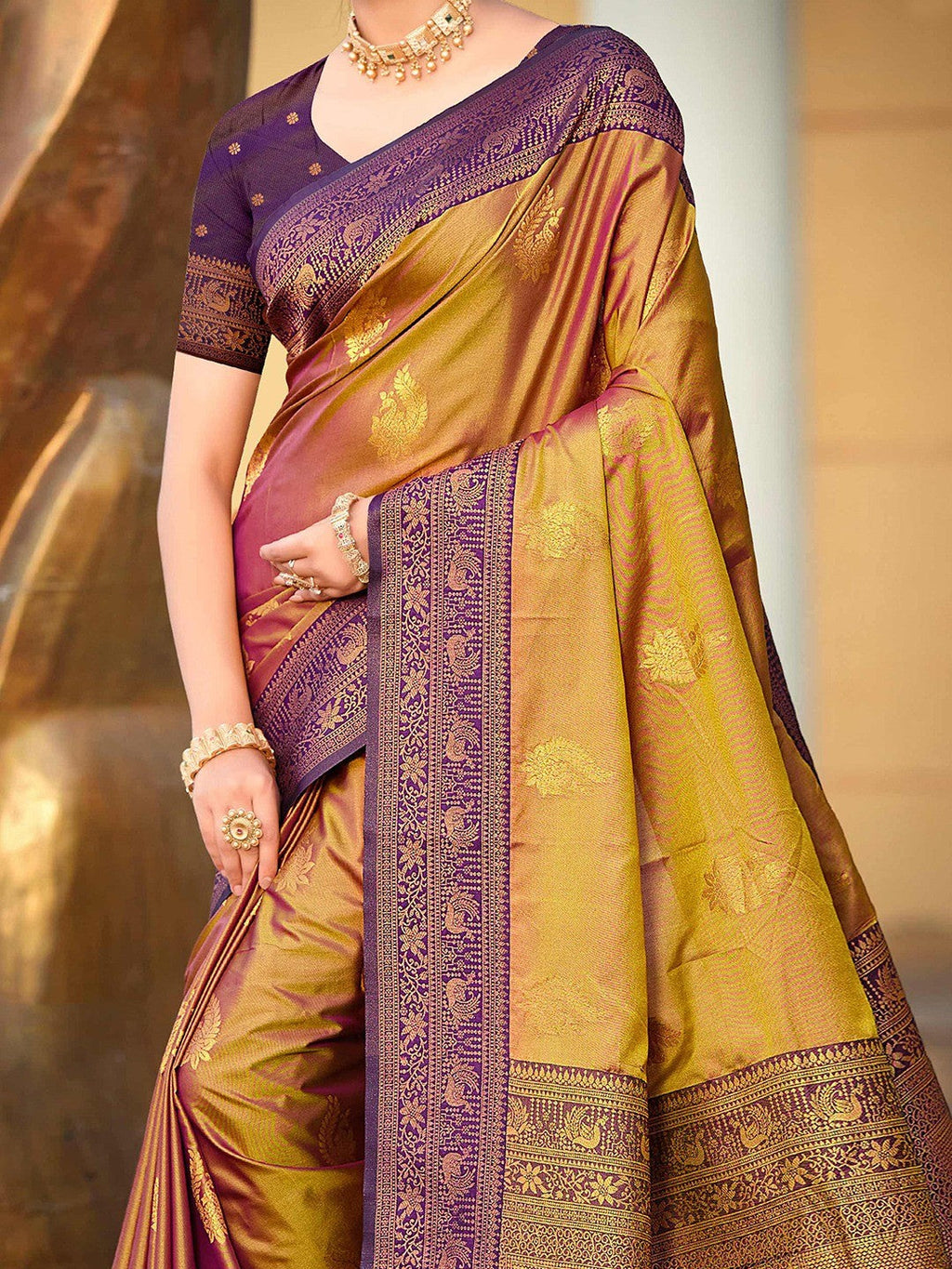 Classic Golden Brown Peacock & Floral Motif Zari Woven Silk Blend Saree With Decorative Tassel Pallu
