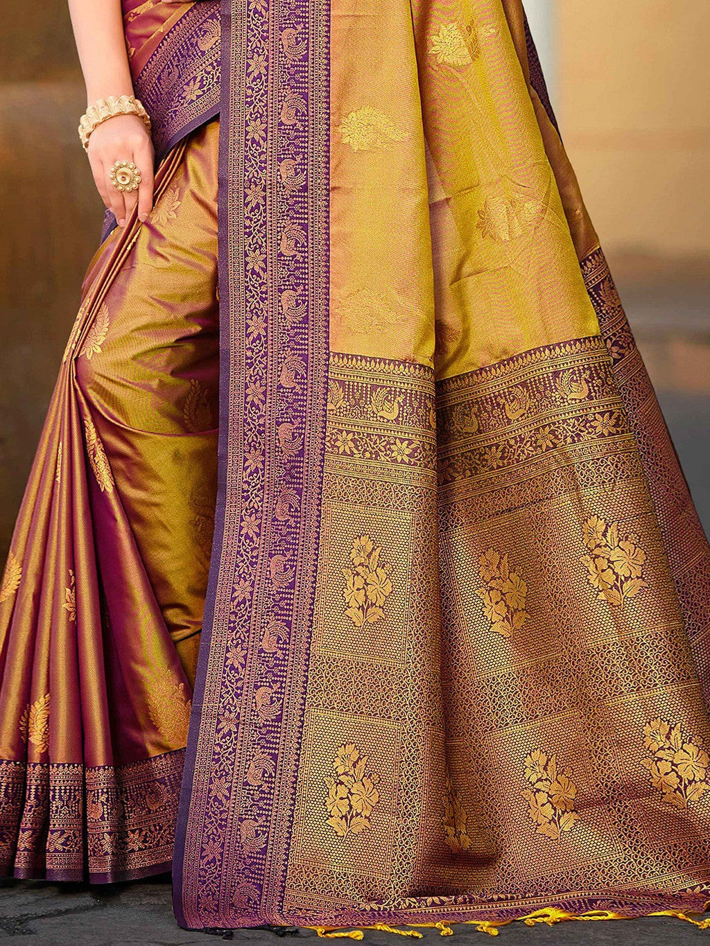 Classic Golden Brown Peacock & Floral Motif Zari Woven Silk Blend Saree With Decorative Tassel Pallu