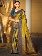 Classic Mehendi Green Peacock & Floral Motif Zari Woven Silk Blend Saree With Decorative Tassel Pallu