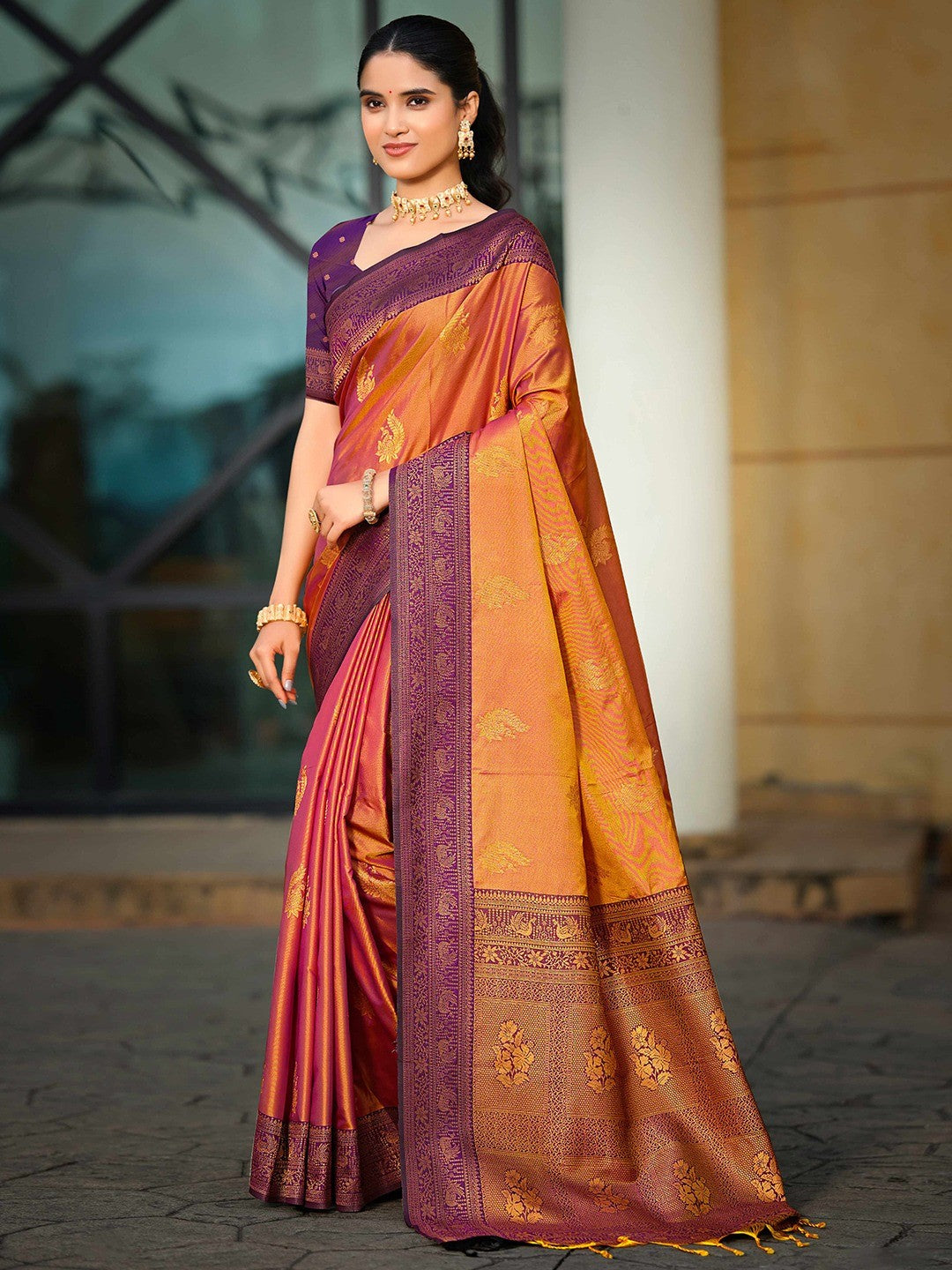 Classic Burnt Orange Peacock & Floral Motif Zari Woven Silk Blend Saree With Decorative Tassel Pallu