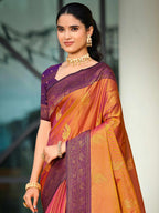 Classic Burnt Orange Peacock & Floral Motif Zari Woven Silk Blend Saree With Decorative Tassel Pallu