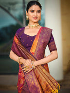 Classic Burnt Orange Peacock & Floral Motif Zari Woven Silk Blend Saree With Decorative Tassel Pallu