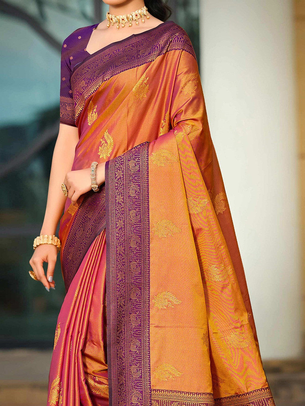 Classic Burnt Orange Peacock & Floral Motif Zari Woven Silk Blend Saree With Decorative Tassel Pallu