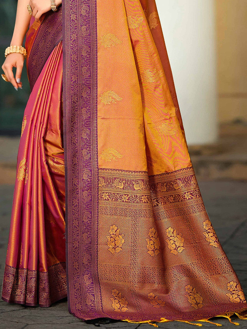 Classic Burnt Orange Peacock & Floral Motif Zari Woven Silk Blend Saree With Decorative Tassel Pallu