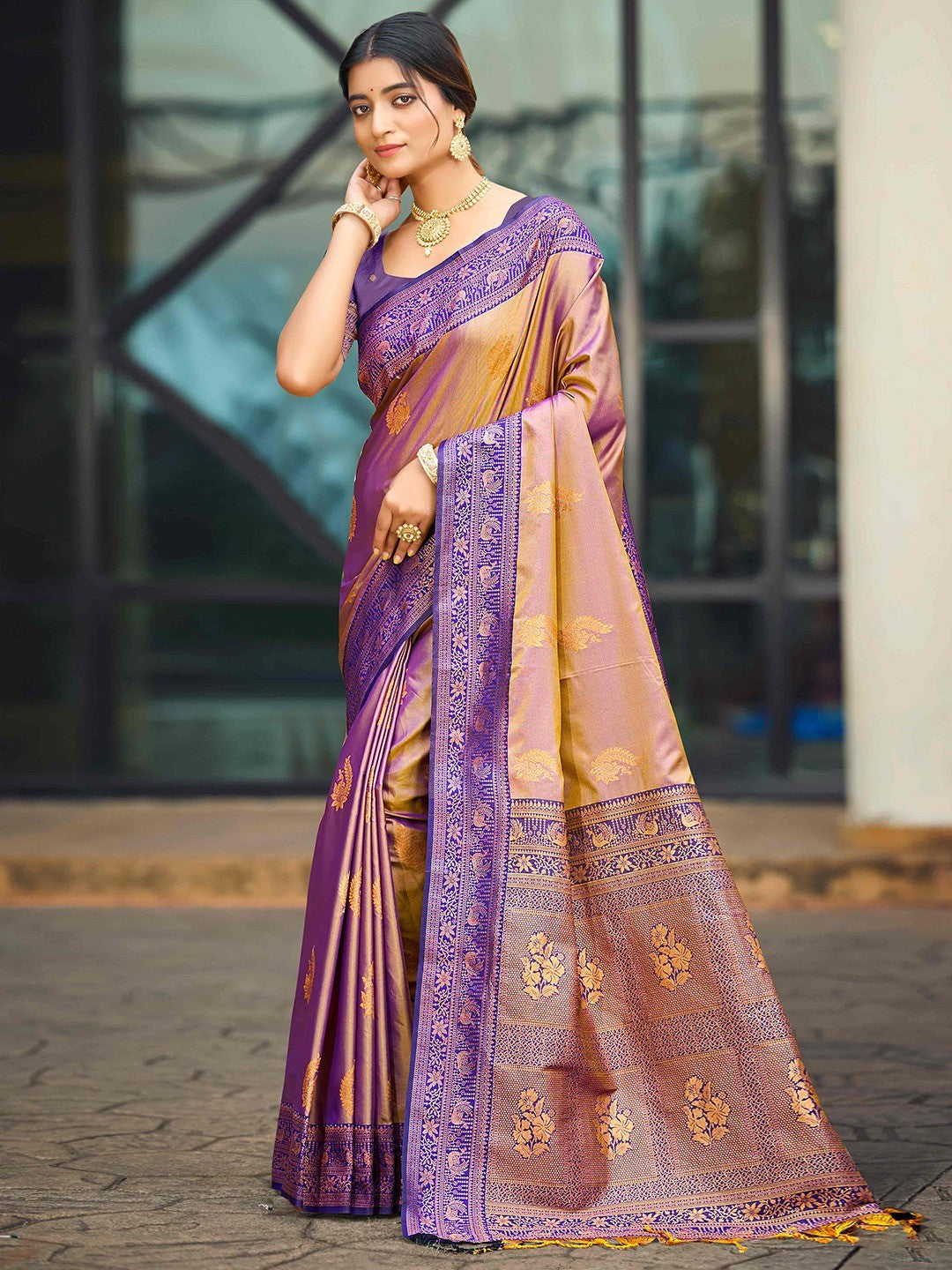 Classic Beige Peacock & Floral Motif Zari Woven Silk Blend Saree With Decorative Tassel Pallu