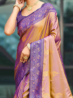 Classic Beige Peacock & Floral Motif Zari Woven Silk Blend Saree With Decorative Tassel Pallu