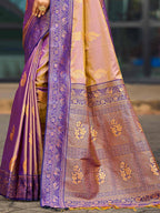 Classic Beige Peacock & Floral Motif Zari Woven Silk Blend Saree With Decorative Tassel Pallu