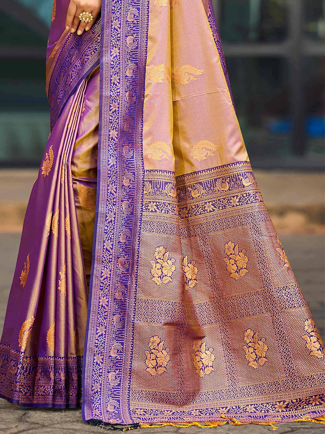 Classic Beige Peacock & Floral Motif Zari Woven Silk Blend Saree With Decorative Tassel Pallu
