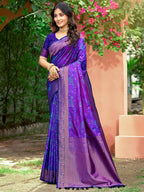Luxury Violet Zari Woven Silk Blend Saree With Paisley Motif Border & Attractive Tassel Pallu