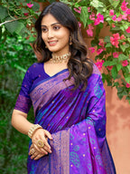 Luxury Violet Zari Woven Silk Blend Saree With Paisley Motif Border & Attractive Tassel Pallu