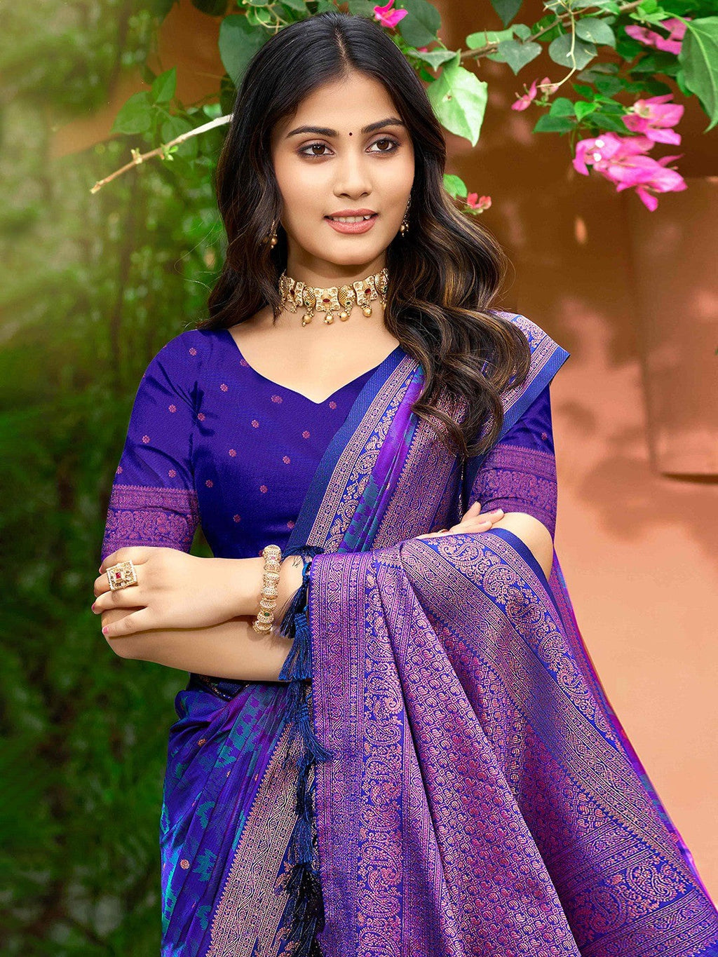 Luxury Violet Zari Woven Silk Blend Saree With Paisley Motif Border & Attractive Tassel Pallu