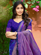 Luxury Violet Zari Woven Silk Blend Saree With Paisley Motif Border & Attractive Tassel Pallu