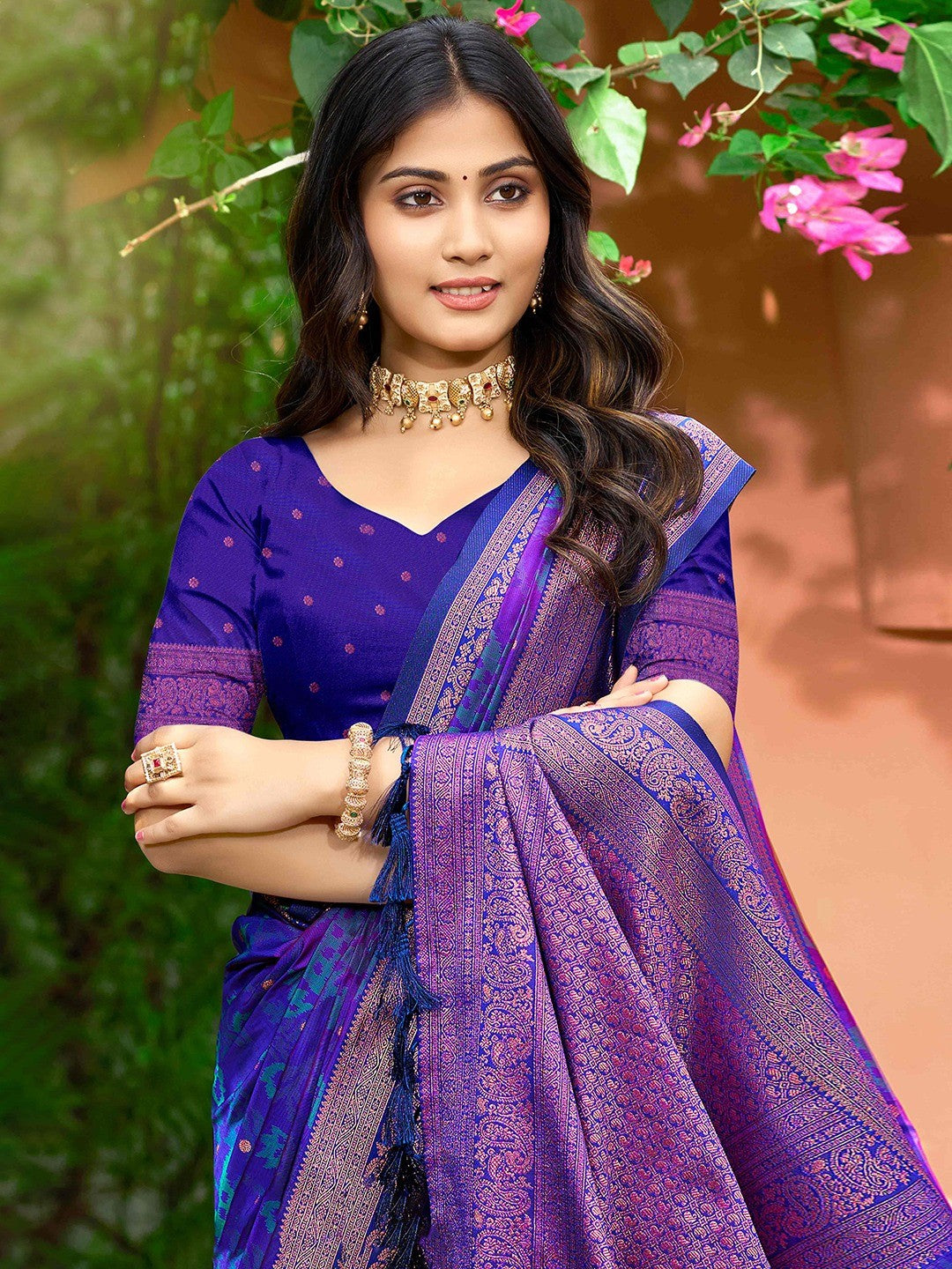 Luxury Violet Zari Woven Silk Blend Saree With Paisley Motif Border & Attractive Tassel Pallu