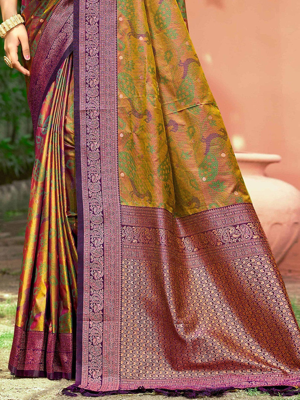 Luxury Dark Mustard Zari Woven Silk Blend Saree With Paisley Motif Border & Attractive Tassel Pallu