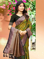 Luxury Mehendi Green Zari Woven Silk Blend Saree With Paisley Motif Border & Attractive Tassel Pallu