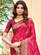Luxury Pink Zari Woven Silk Blend Saree With Paisley Motif Border & Attractive Tassel Pallu
