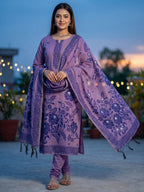 Purple Cotton Blend Dress Material with Floral Patterns and Jamdani Woven Detailing