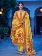 Yellow Cotton Blend Dress Material with Floral Patterns and Jamdani Woven Detailing