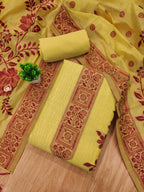 Yellow Cotton Blend Dress Material with Floral Patterns and Jamdani Woven Detailing