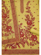 Yellow Cotton Blend Dress Material with Floral Patterns and Jamdani Woven Detailing