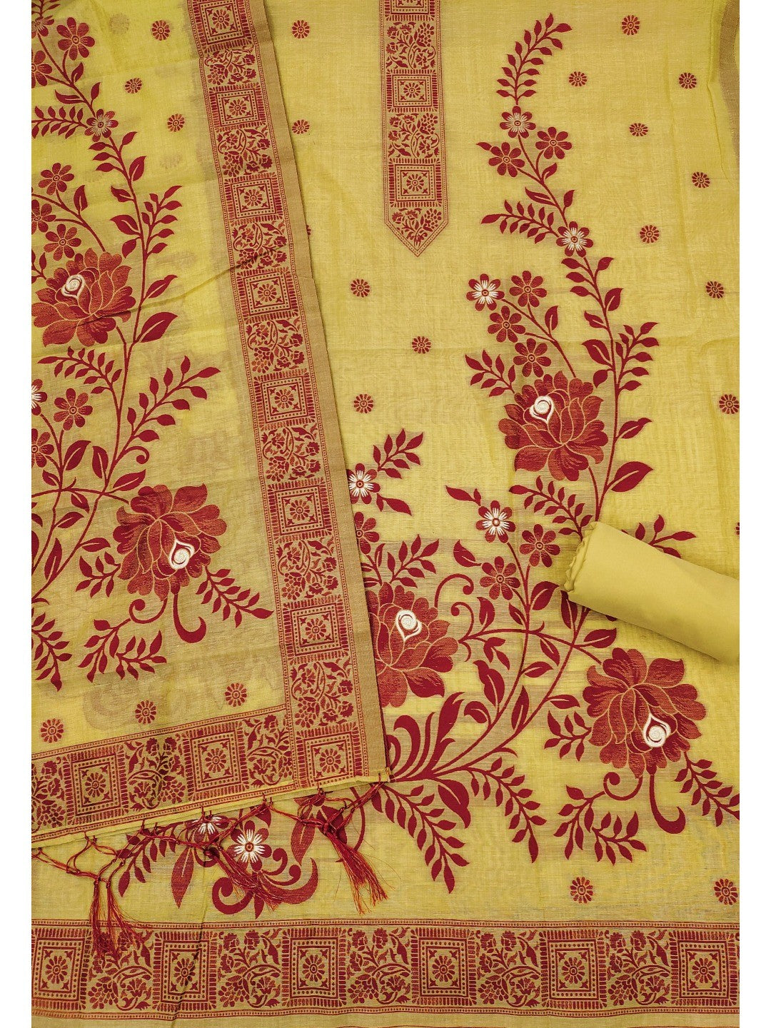 Yellow Cotton Blend Dress Material with Floral Patterns and Jamdani Woven Detailing