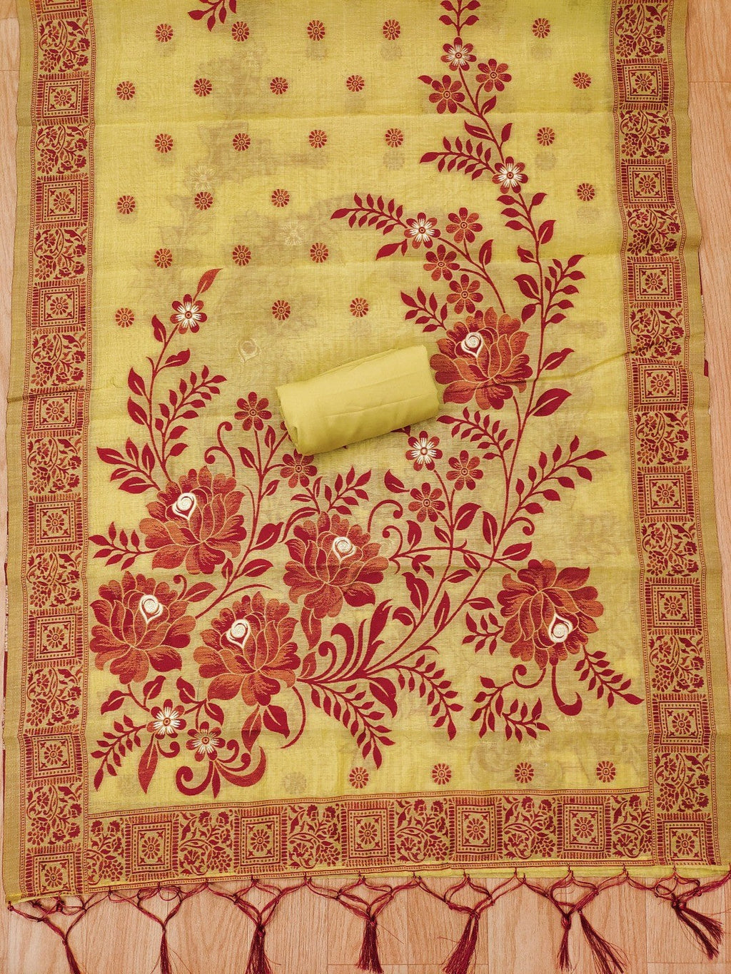 Yellow Cotton Blend Dress Material with Floral Patterns and Jamdani Woven Detailing