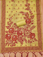 Yellow Cotton Blend Dress Material with Floral Patterns and Jamdani Woven Detailing