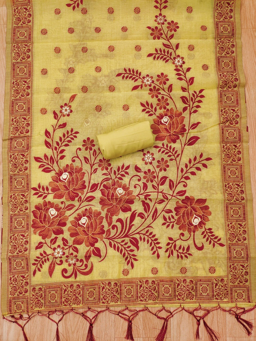 Yellow Cotton Blend Dress Material with Floral Patterns and Jamdani Woven Detailing