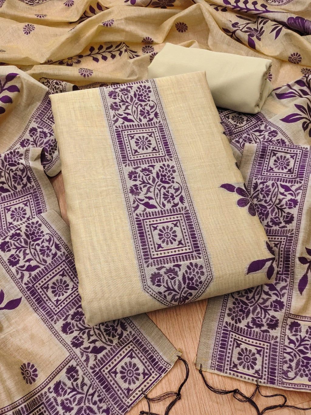 Cream Cotton Blend Dress Material with Floral Patterns and Jamdani Woven Detailing