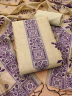 Cream Cotton Blend Dress Material with Floral Patterns and Jamdani Woven Detailing