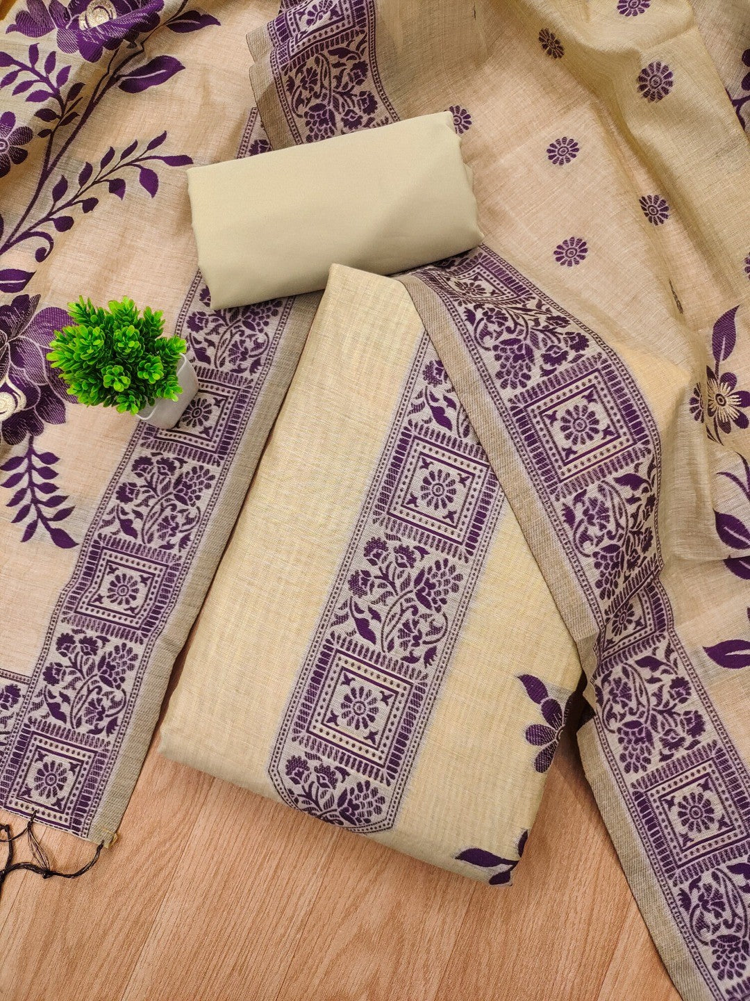 Cream Cotton Blend Dress Material with Floral Patterns and Jamdani Woven Detailing