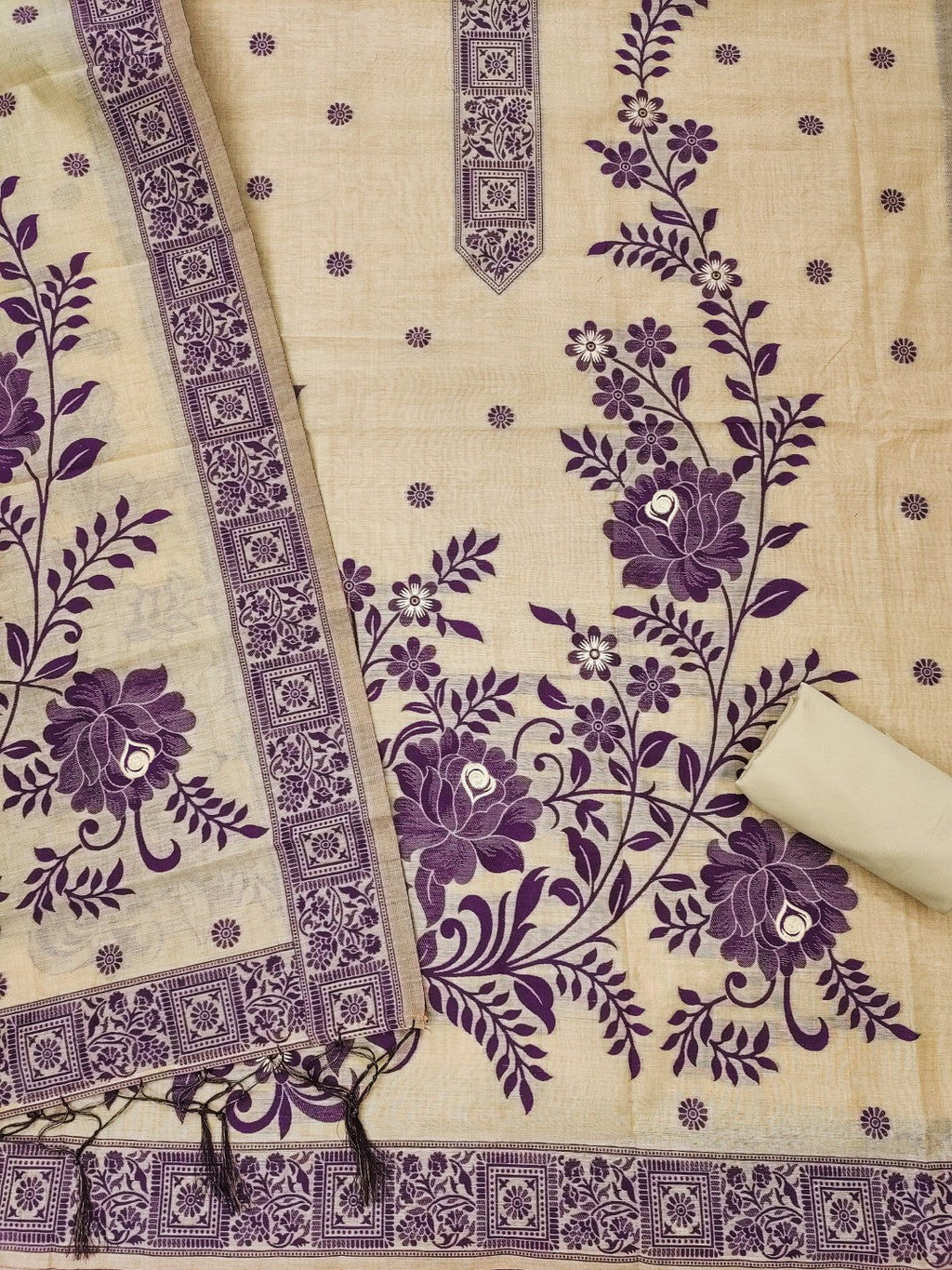 Cream Cotton Blend Dress Material with Floral Patterns and Jamdani Woven Detailing