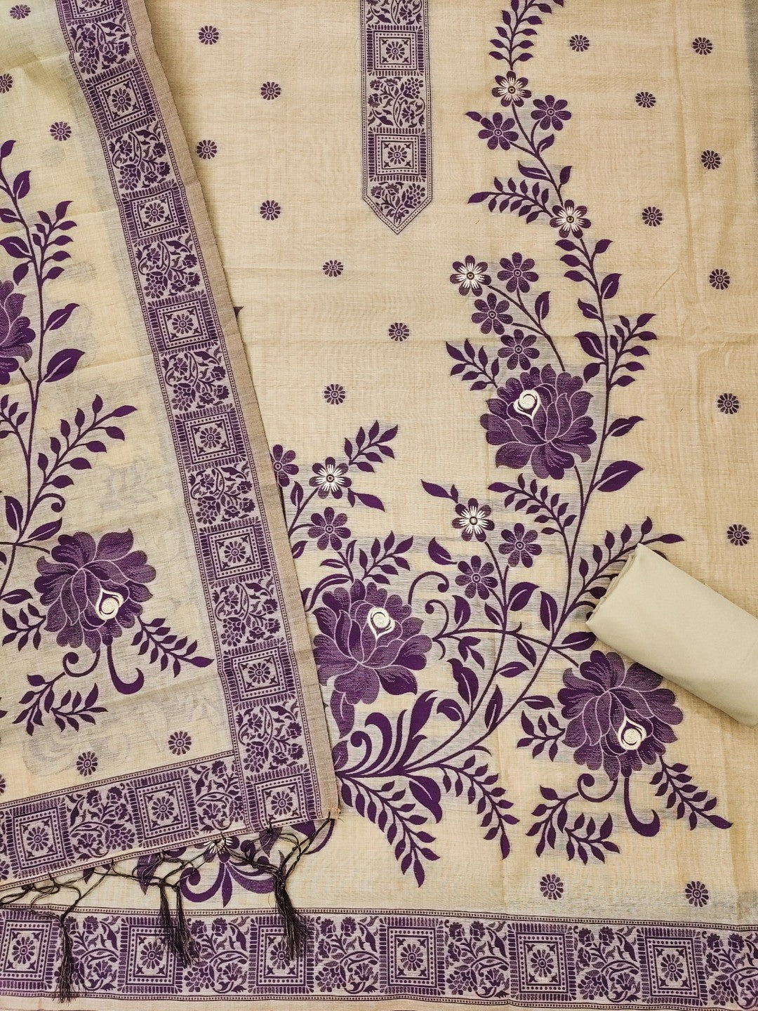 Cream Cotton Blend Dress Material with Floral Patterns and Jamdani Woven Detailing