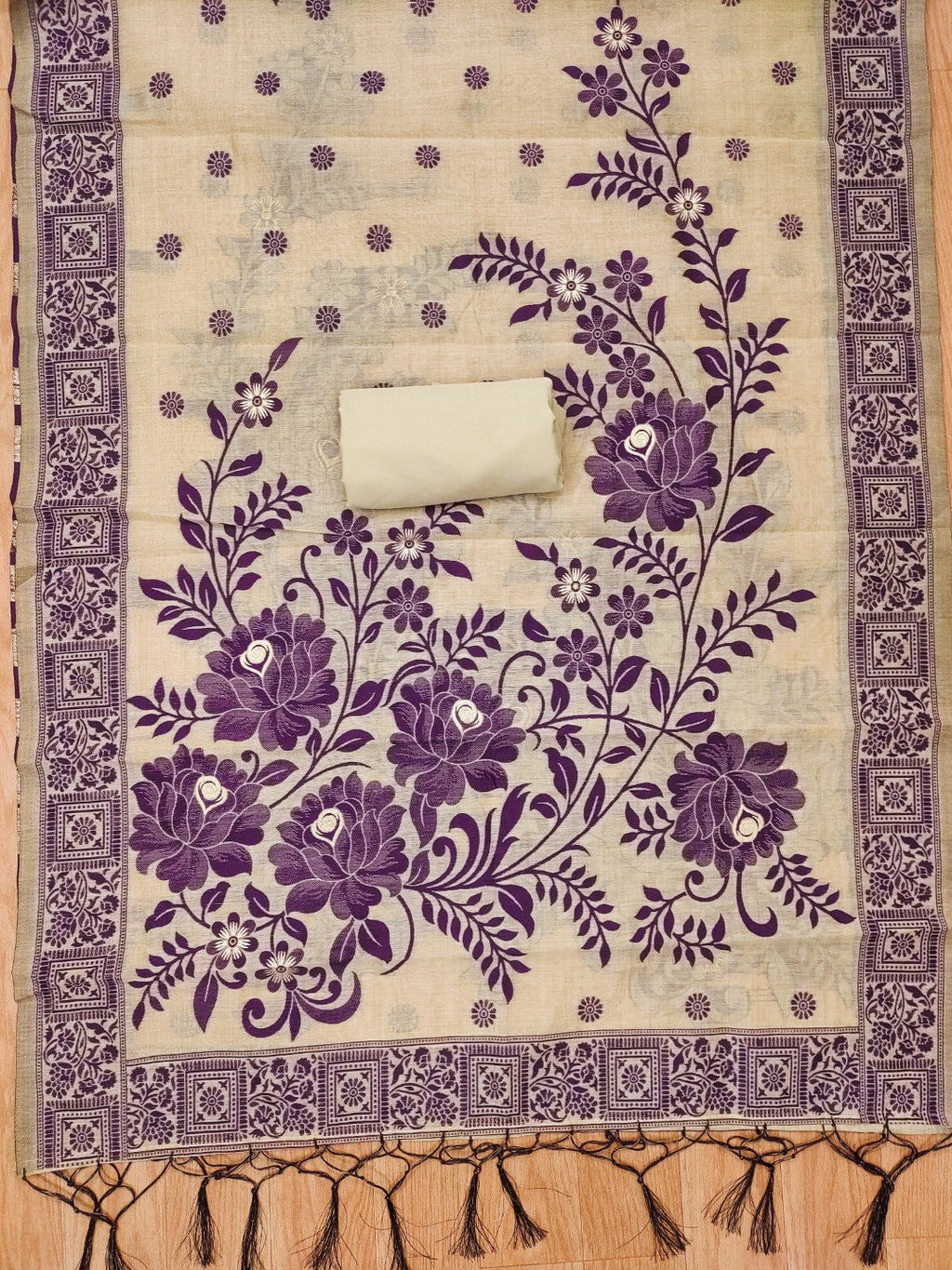 Cream Cotton Blend Dress Material with Floral Patterns and Jamdani Woven Detailing