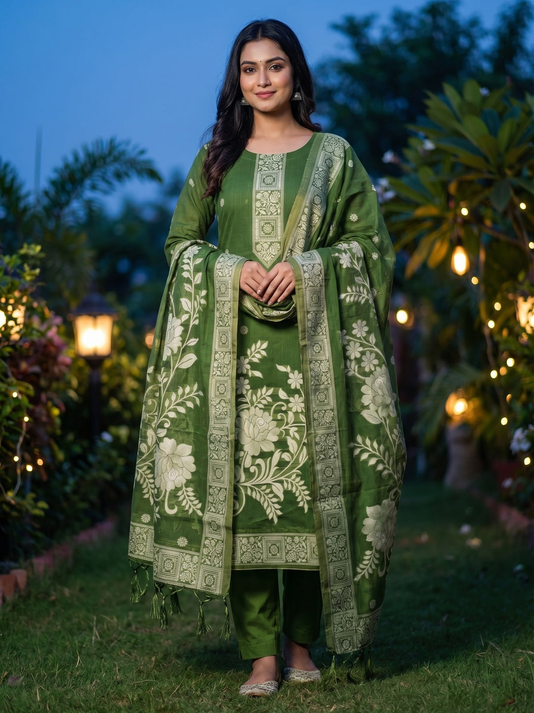 Green Cotton Blend Dress Material with Floral Patterns and Jamdani Woven Detailing