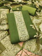 Green Cotton Blend Dress Material with Floral Patterns and Jamdani Woven Detailing