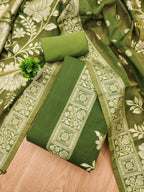 Green Cotton Blend Dress Material with Floral Patterns and Jamdani Woven Detailing