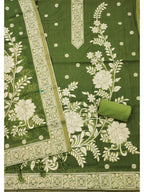 Green Cotton Blend Dress Material with Floral Patterns and Jamdani Woven Detailing