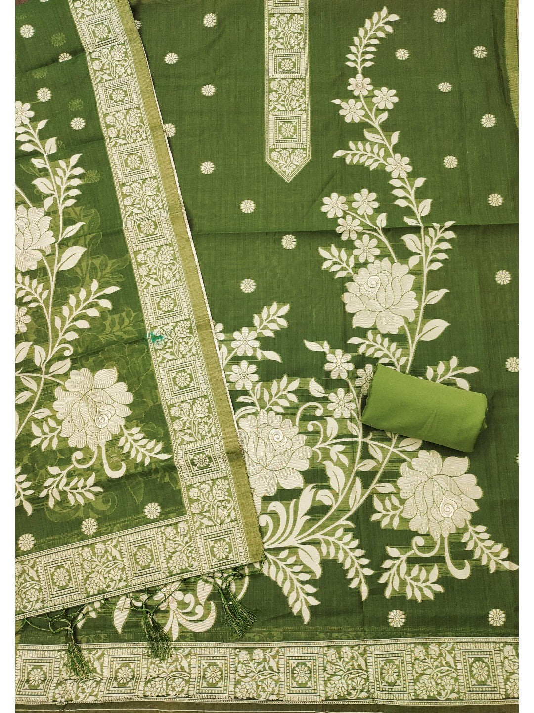 Green Cotton Blend Dress Material with Floral Patterns and Jamdani Woven Detailing