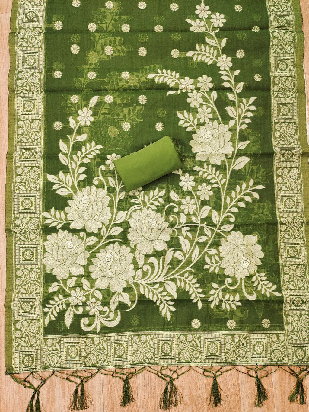 Green Cotton Blend Dress Material with Floral Patterns and Jamdani Woven Detailing