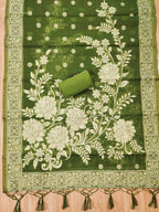 Green Cotton Blend Dress Material with Floral Patterns and Jamdani Woven Detailing