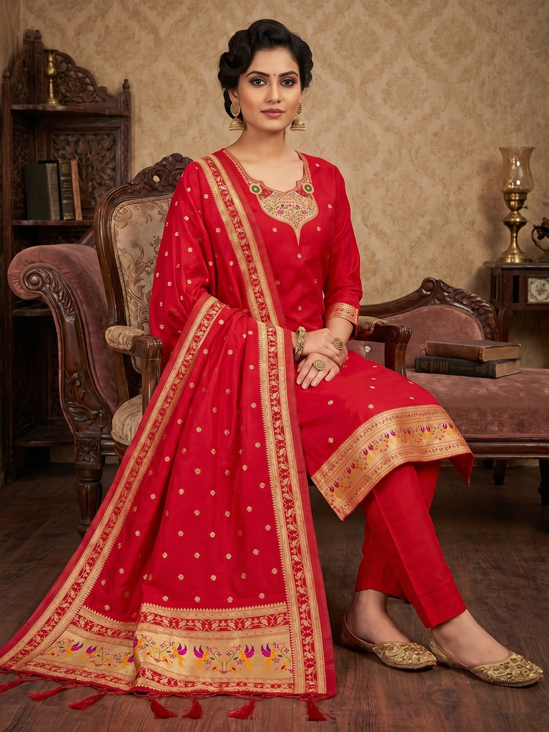 Elegant Red Banarasi Silk Unstitched Dress Material with Dupatta