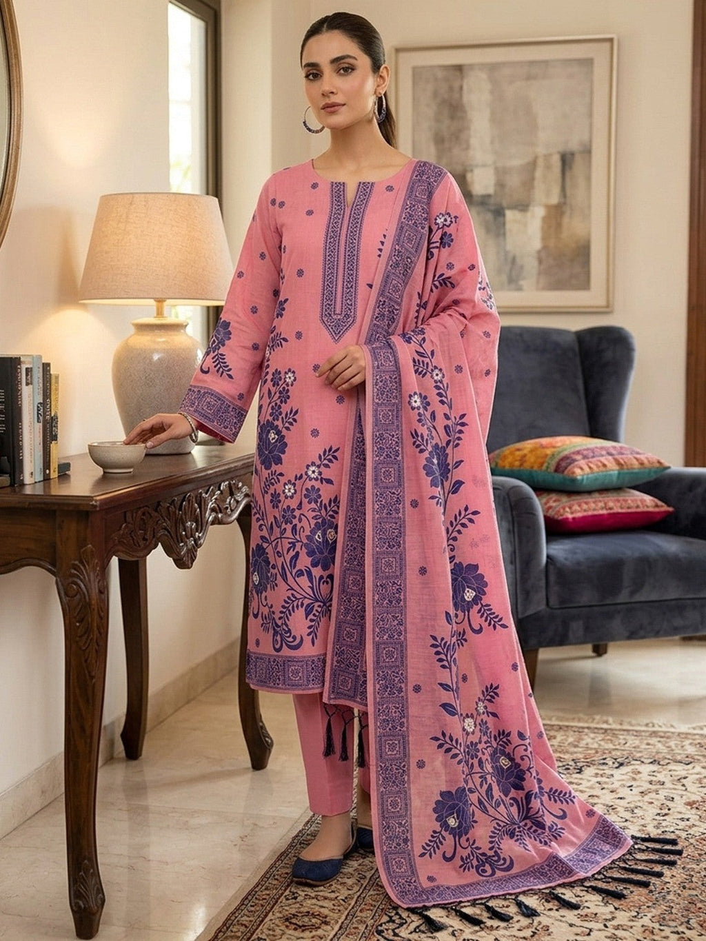 Pink Cotton Blend Dress Material with Floral Patterns and Jamdani Woven Detailing