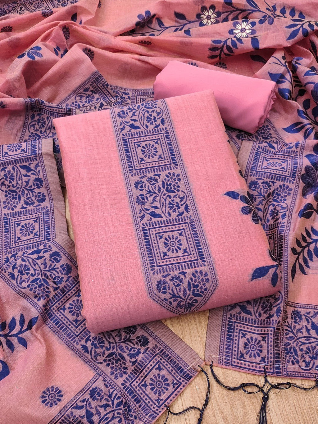 Pink Cotton Blend Dress Material with Floral Patterns and Jamdani Woven Detailing
