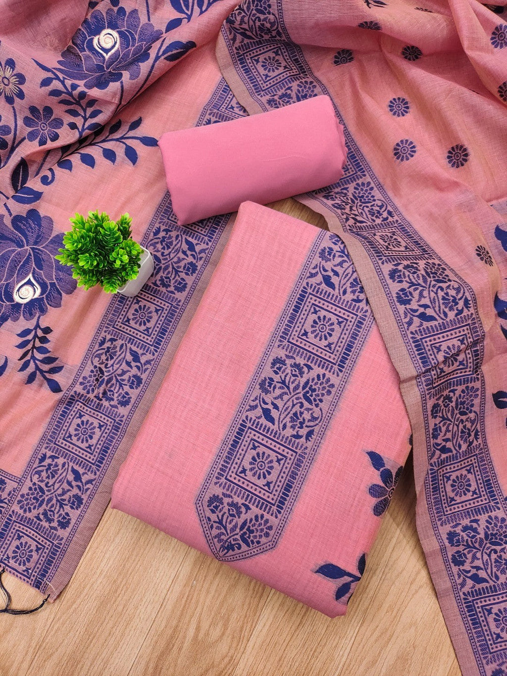 Pink Cotton Blend Dress Material with Floral Patterns and Jamdani Woven Detailing